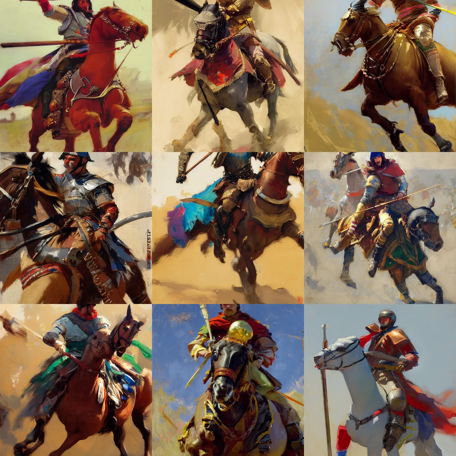 Prompt: close - up portrait focusing on colorful rider holding couched jousting lance, caparisons, galloping, chainmail, detailed by greg manchess, bernie fuchs, ruan jia, walter everett