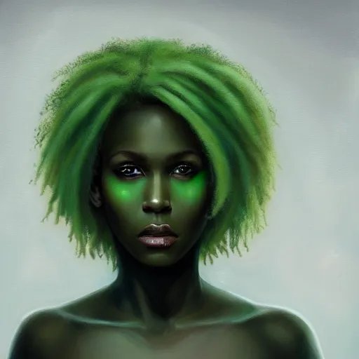 Image similar to a detailed matte oil on canvas head on symmetrical portrait of black skinned woman with long white and ( ( pale green ) ) hair, clothed by charlie bowater, lise deharme, wlop, trending on artstationhd, dungeons and dragons art critical role