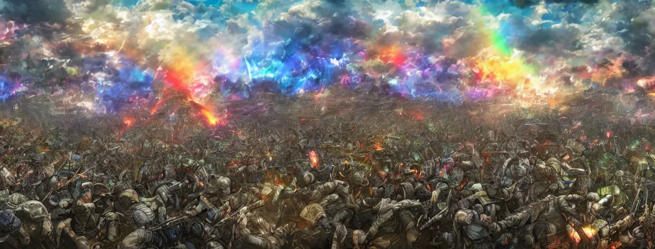 Prompt: a zoomed out panoramic view an army of rainbow soul army calvary screaming into the battlefield. hyperrealistic anime background illustration by kim jung gi, attack on titan, colorful, extremely detailed intricate linework, smooth, super sharp focus, bright colors, high contrast, matte, octopath traveler, unreal engine 5 highly rendered, global illumination, radiant light