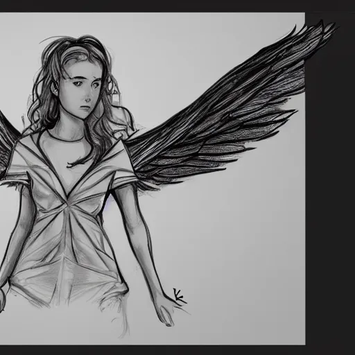 Prompt: a sketch drawing, a girl with wings flies among the clouds by gabo mendoza, trending on artstation