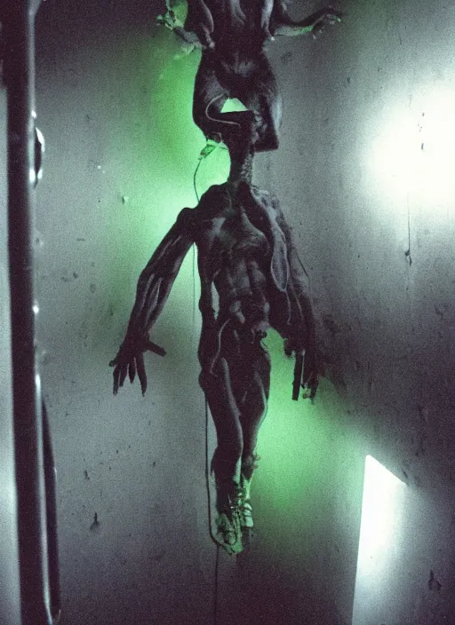 Image similar to a weird humanoid creature is suspended in a tank of dense liquid, weightlessness, tubes coming from the top of the tank connecting to the creature's body, back lit, bright green glow, 35 mm film photography