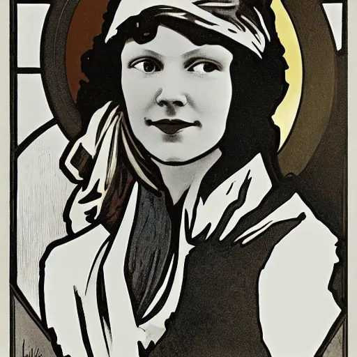 Image similar to amelia earhart, painted by alphonse mucha