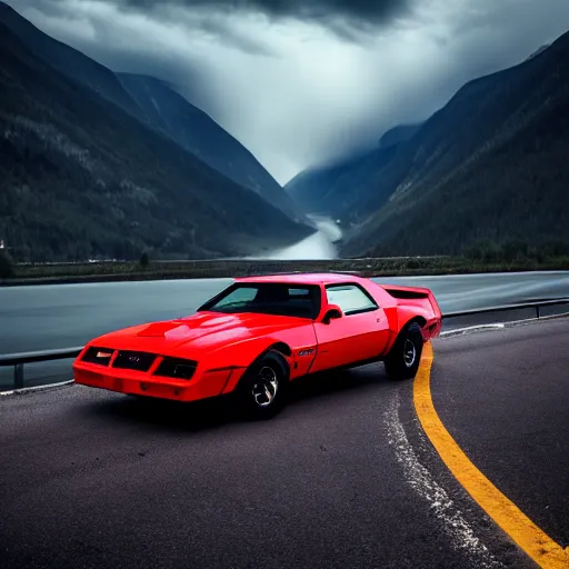 Prompt: black pontiac firebird trans - am driving towards the camera, huge spider creature in the background, norway mountains, valley, lake, dynamic, cinematic, motionblur, volumetric lighting, wide shot, low angle, red glow in sky, large lightning storm
