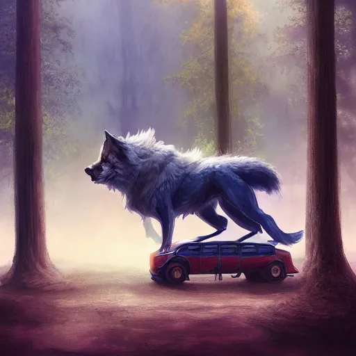 Image similar to Mythical creature - hybrid of bus and wolf, having cabin if form of wolf head and long body of bus with wheels and windows, oil on canvas, fantasy, digital painting, concept art, smooth, sharp focus, illustration, artstation trending, octane render, unreal engine, Ghibli, anime style