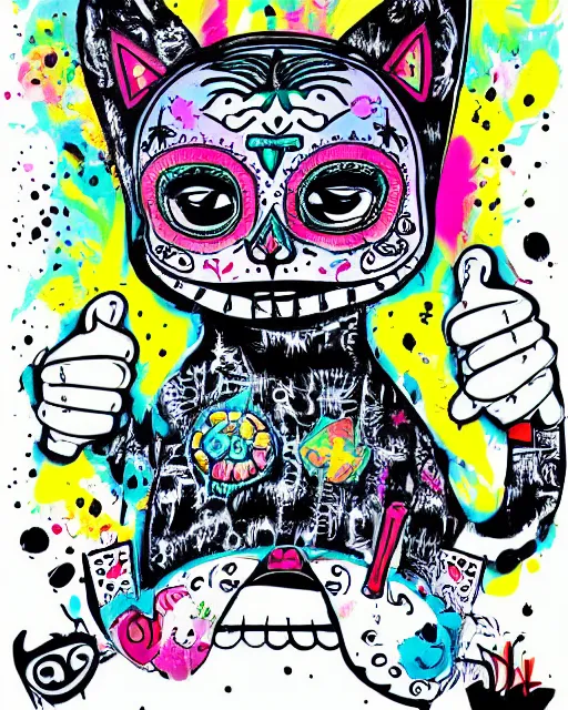 Prompt: day of the dead, cat, monotone pastel smoke, electric shock, a pen & ink, spray art, spatter and collage design, isolated on white rule of thirds, by BAPE and Alex Yanes, Juxtapoz Magazine