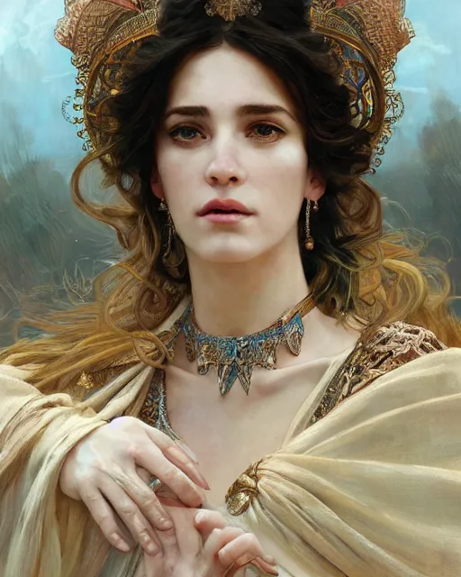 Prompt: a beautiful close up portrait of a sorceress sitting with elegant looks, flowing robe, ornate and flowing, intricate and soft by ruan jia, tom bagshaw, alphonse mucha, krenz cushart, beautiful roman architectural ruins in the background, epic sky, vray render, artstation, deviantart, pinterest, 5 0 0 px models