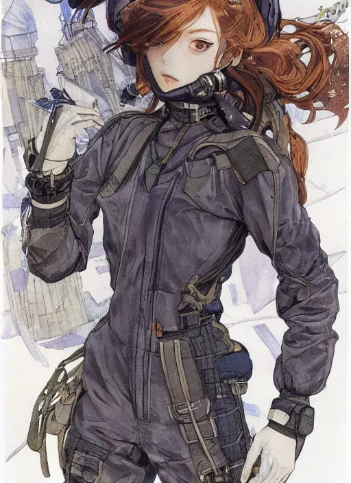 Prompt: a concept art copic maker manga highly detailed full body portrait illustration by yoshiyuki sadamoto, alphons mucha of a russian girl wearing a pilot suit utility chic, sheer fabrics, zippers, belts & velcro galore, chic'techno fashion trend by issey miyake and balenciaga