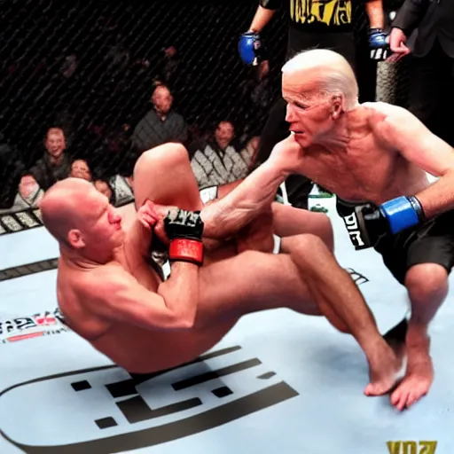 Image similar to joe biden getting knocked out in the ufc octagon, black eye on left side, detailed facial expressions, 1 9 8 0 s aesthetic