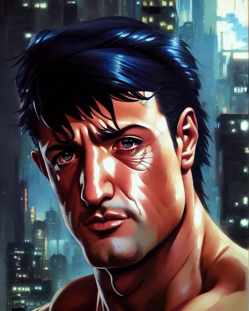 Prompt: portrait Anime 1940s Stallone Rambo Sharp fine face, realistic shaded Perfect face, fine details. Anime. cyberpunk realistic shaded lighting by katsuhiro otomo ghost-in-the-shell, magali villeneuve, artgerm, rutkowski Jeremy Lipkin and Giuseppe Dangelico Pino and Michael Garmash and Rob Rey