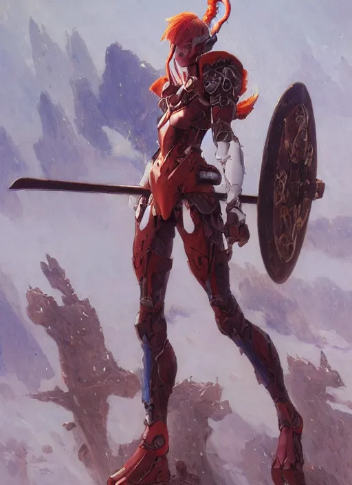 Image similar to character design game art digital 2 d girl viking evangelion cyborg armor by gaston bussiere, anna nikonova aka newmilky, greg rutkowski, yoji shinkawa, yoshitaka amano, tsutomu niehi, moebius, donato giancola, geoffroy thoorens, trending on artstation, featured on pixiv