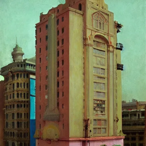 Image similar to mumbai buildings, hyperrealistic film still by edward hopper, by gottfried helnwein, by klimt, by paolo uccello, art nouveau, highly detailed, strong lights, liminal, eerie, metaphysical, bright pastel colors,