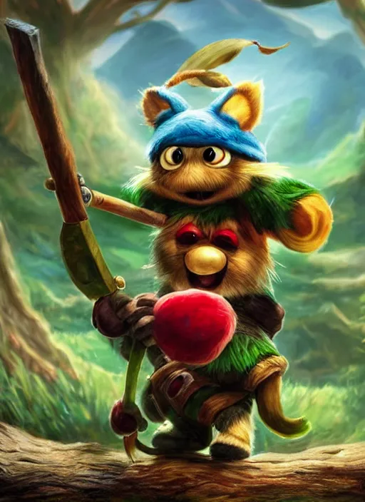 Prompt: still of Teemo from League of Legends in the style of Jim Henson, wielding an ax