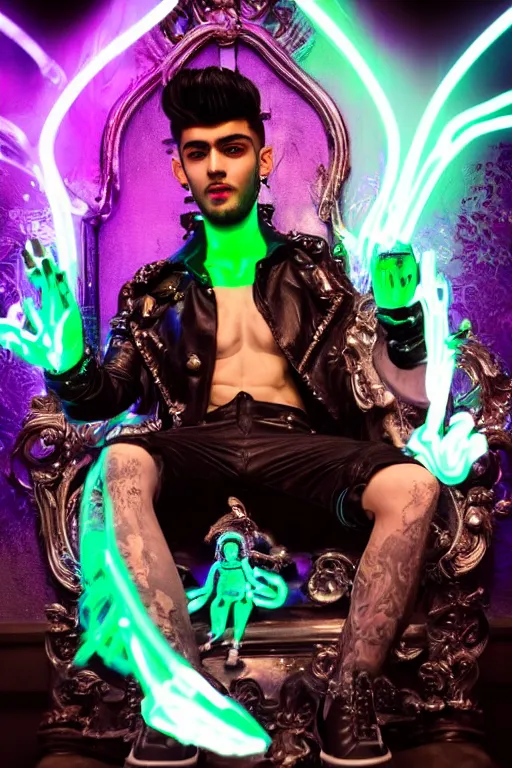 Prompt: full-body rococo and cyberpunk style neon statue of a muscular attractive Zayn Malik macho dotado e rico android sim roupa reclining con las piernas abertas e la piroca dura, glowing white lasers, glowing eyes, silver prince crown, silver steampunk gears, white diamonds, swirling mint-colored silk fabric. futuristic elements. black dripping tar. full-length view. space robots. human skulls. intricate artwork by caravaggio. Trending on artstation, octane render, cinematic lighting from the right, hyper realism, octane render, 8k, depth of field, 3D