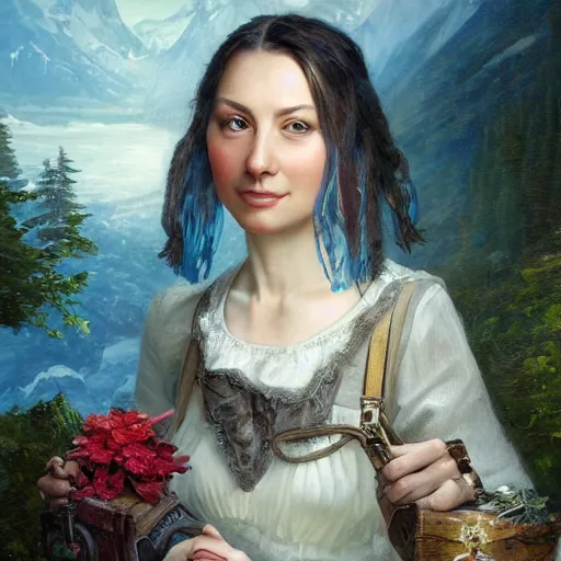 Image similar to portrait of a swiss woman ( 3 5 ) from switzerland in 2 0 2 1, an oil painting by ross tran and thomas kincade