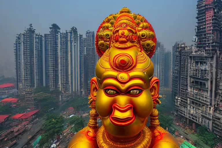 Image similar to high quality 3 d cyberpunk biomorphic hanuman head building in the middle of mumbai!!, kalighat highly detailed, cinematic smooth, stephen shore & john j. park, soft morning light, wide shot, high angle, uhd 8 k, deep focus