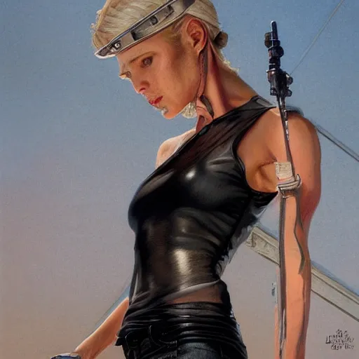 Image similar to a portrait of a woman wearing a white tank top and wearing lether gloves with black jeans and helmet, highly detailed, centered, digital painting, artstation, concept art, donato giancola, Joseph Christian Leyendecker, WLOP, Boris Vallejo, Breathtaking