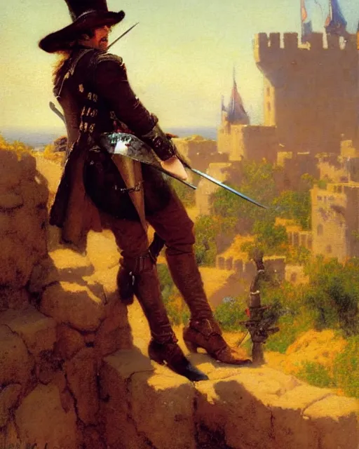 Image similar to attractive musketeer watches an army approach, he is on a castle wall, painting by gaston bussiere, craig mullins, j. c. leyendecker