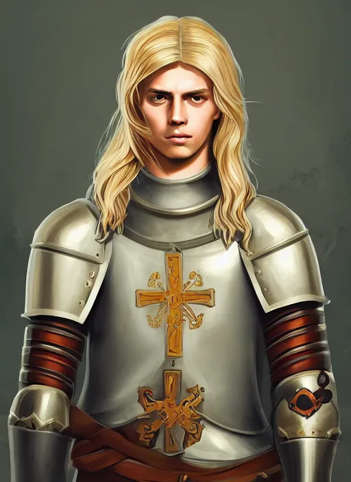 Image similar to medieval iconography of a handsome young knight with a beautiful face and clear skin, long blond hair, knight armor, no helmet, high resolution, clear image, digital art, studio photo, 4 k, clear lines, artstation