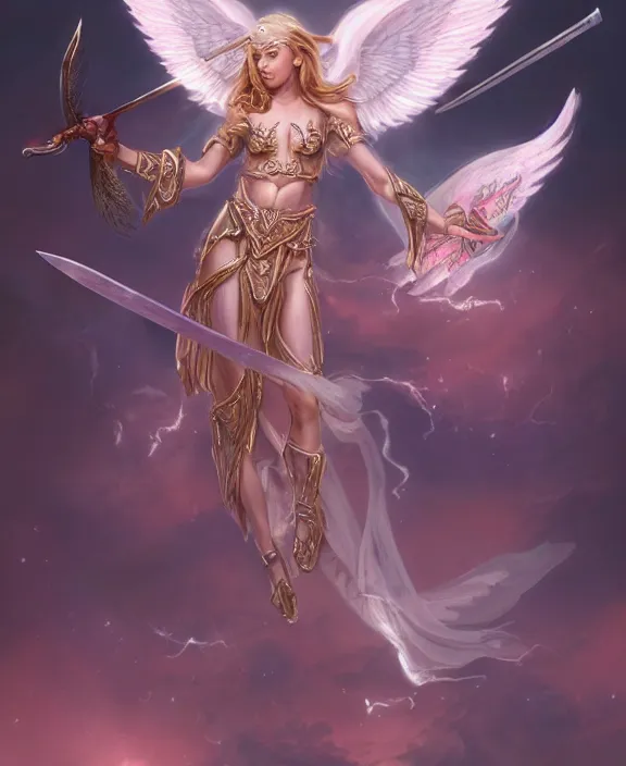 Image similar to full body design of a pretty female angel holding a sword with both hands while flying, body covered in religious tattoos glowing, white iridescent angel wings opened, D&D, fantasy, highly detailed, digital art, trending on artstation, smooth, sharp focus, illustration, art by Peter Tang and artgem