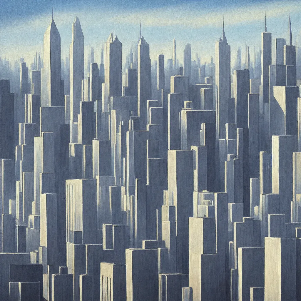 Prompt: this painting is a cityscape done in the style of precisionism. the buildings are all rendered with sharp lines and angles, and the overall effect is one of cleanliness and order. there is a strong sense of geometric shapes in the composition, overall effect is one of calm and serenity, featured on deviantart, space art, matte painting, apocalypse landscape, apocalypse art