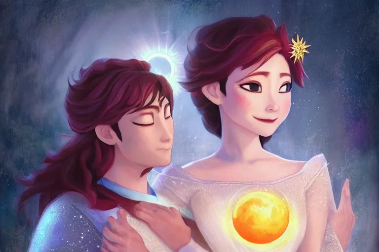 Image similar to a cinematic portrait of wedding photograph jpeg close up moment of a divine a japan sun god and moon goddess lovers magician at a wedding banquet. portraiture. digital painting. artstation. concept art. wedding photo. illustration. frozen ii art masterpiece by art by krenz cushart