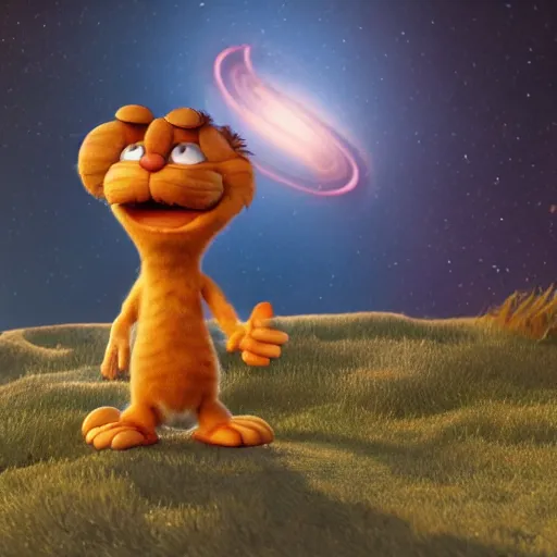 Image similar to garfield is he were saturn, space, stars, hair physics, blender render, pixar, disney, unreal engine 5, nvidia hair,