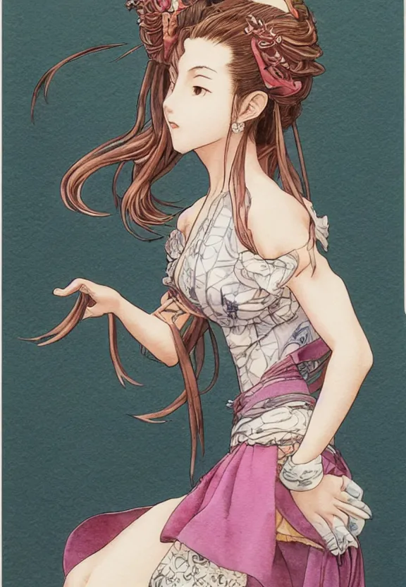 Image similar to a full-body watercolor painting of Aerith Gainsborough by Yoshitaka Amano, ukiyo-e, nouveau, concept art, 80's fantasy art, highly detailed, intricate, trending on artstation, award-winning