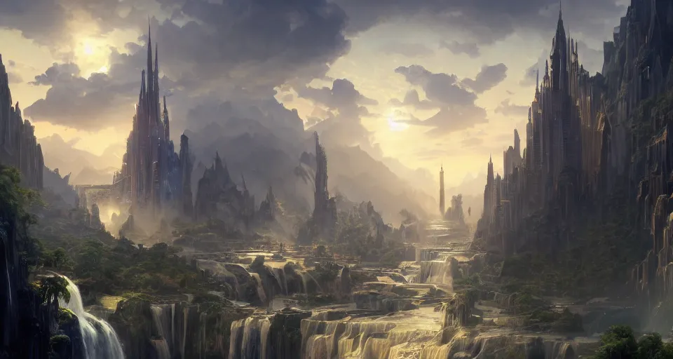 Image similar to a matte painting of beautiful religious science fiction city, with waterfalls, 8 k, cinematic lighting, hd, atmospheric, hyperdetailed, trending on artstation, deviantart, digital painting, concept art smooth sharp focus illustration, art by artgerm and paul chadeisson and greg rutkowski, sung choi and alphonse mucha