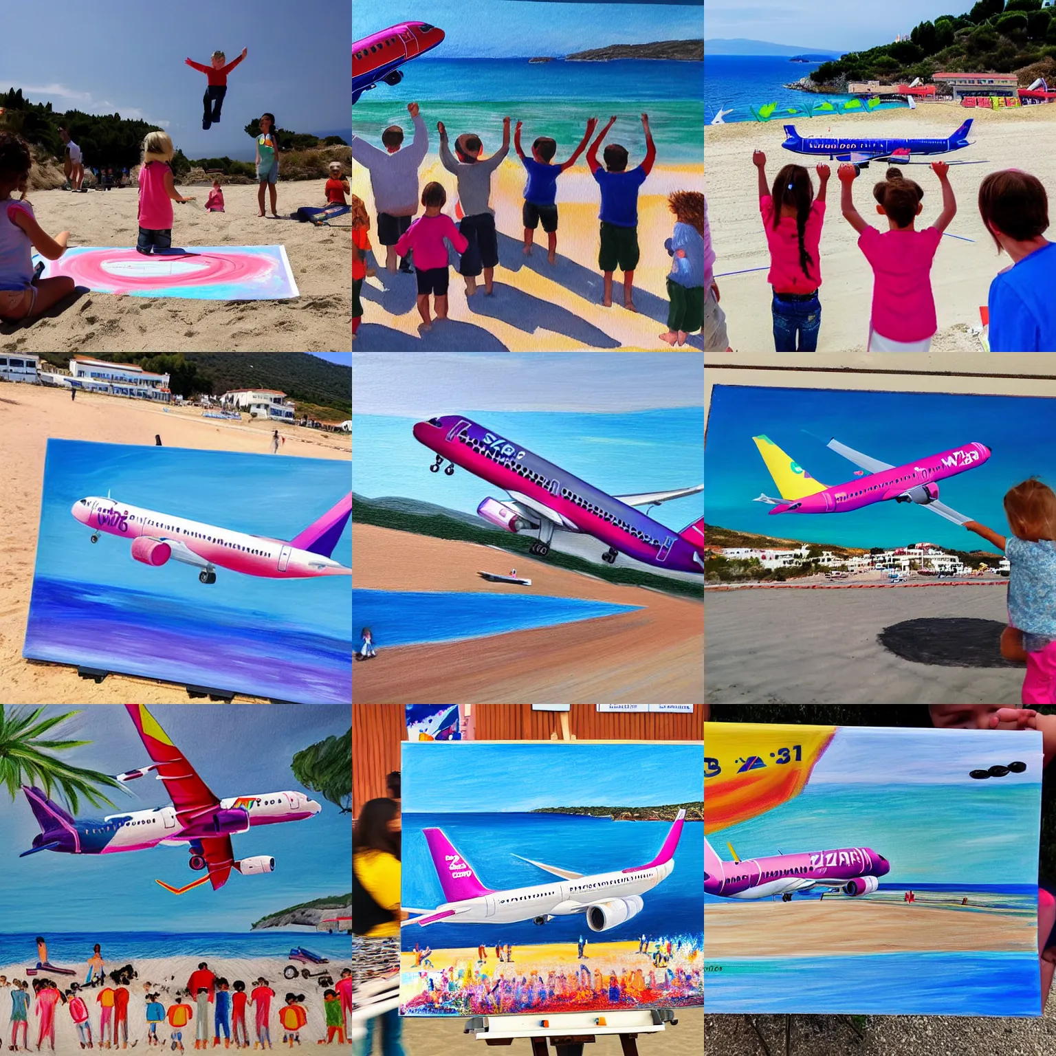 Prompt: a child's crayon painting of a wizzair airbus a 3 2 1 neo landing at skiathos airport, low over the heads of the people on the beach