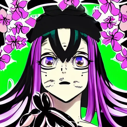 Image similar to a jojo's bizarre adventure manga artstyle colorful sketch : Jolyne Cujoh, smiling with her mouth shut, not looking at the camera, with a saint aureola, black and white, wearing a veil, shamrocks and lilies in the background by by hirohiko araki shonen jump, crisp details, realistic, featured on Artscape