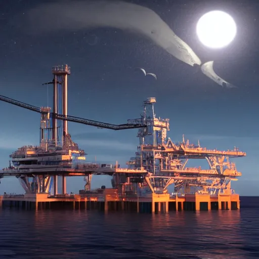 Prompt: concept art of a futuristic massive oil rig in the ocean, at night, ominous and forboding