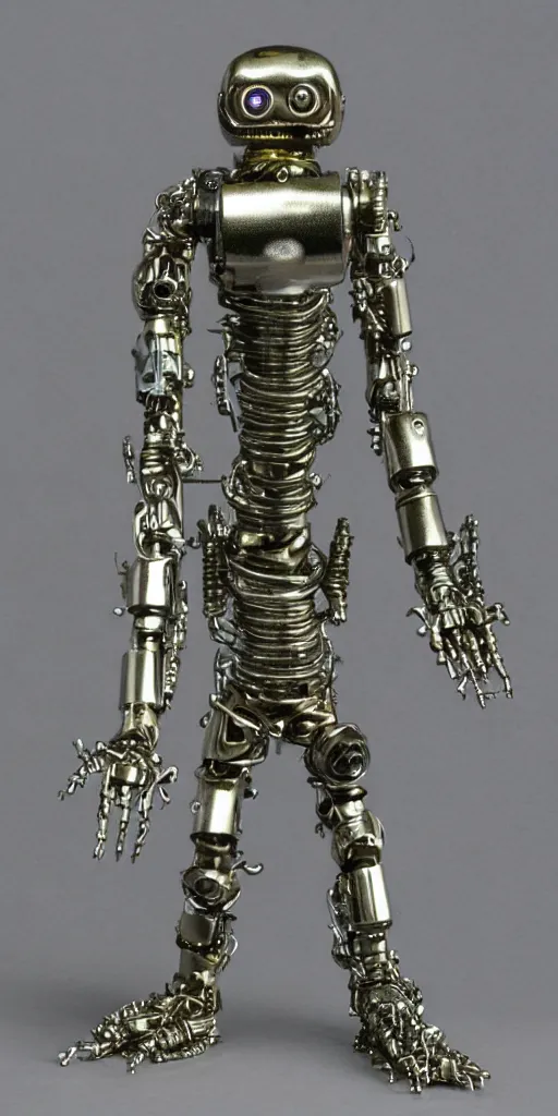 Image similar to a metallic eldritch cyborg humanoid with astronaut like features, hp lovecraft, alan bean