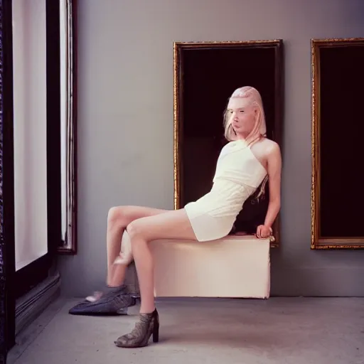 Image similar to realistic photoshoot for a new balenciaga lookbook, color film photography, portrait of a beautiful blonde woman, in style of nan goldin, 35mm