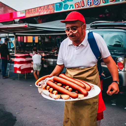 Image similar to weird man selling hotdogs, 🌭, canon eos r 3, f / 1. 4, iso 2 0 0, 1 / 1 6 0 s, 8 k, raw, unedited, symmetrical balance, wide angle