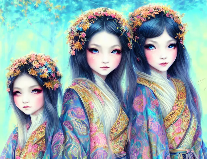 Image similar to two beautiful fashion siberian girls wear fantasy kimono in festival | | big eyes, sunny, dreamlike art, realistic shaded, smile, good looking, hyper details, 4 k realistic, cryengine, realistic shaded lighting poster by artgerm, ross tran, fuji choko, loish, 8 k resolution, trending on artstation, luxury