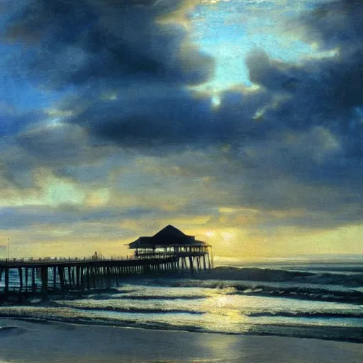 Image similar to Pacific Beach Crystal Pier, by Krøyer, dramatic lighting, volumetric lighting, intense.