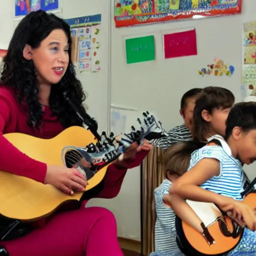 Prompt: ms rachel performing a song for an audience of preschoolers