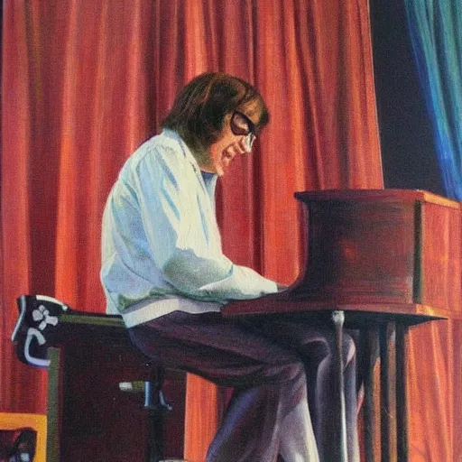 Image similar to John Sebastian playing keyboard on stage in 1967, oil painting, high detail, museum quality