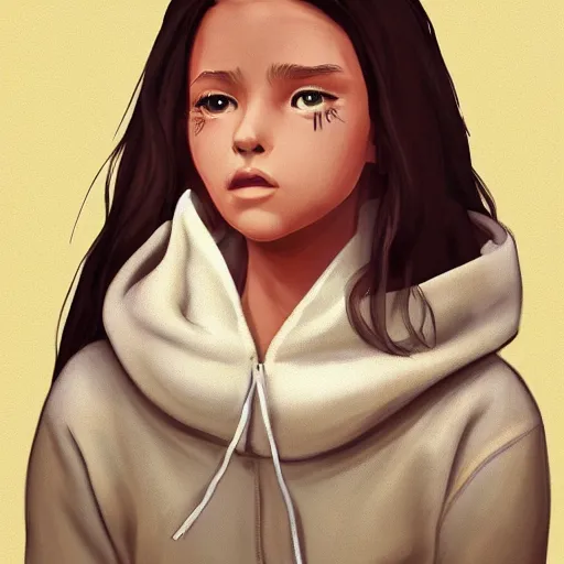 Image similar to young Latin girl with a beige hoodie, shy, focus on face, still, photograph, digital painting, trending on artstation, masterpiece, in the style of JB Casacop, disney