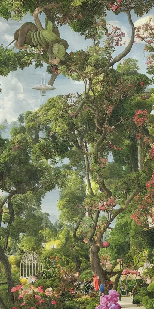 Prompt: bosch and beeple painting of a magnificent garden filled with remarkable sculptures, trees, and structures, incredible details