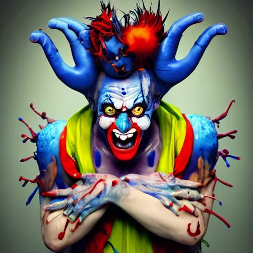 Image similar to 4K headshot of godlike clown with blue skin defined arms and open hands and bloody clothes with giant mandala wings , intricate clown face make-up , flawless anime cel animation by Kentaro Miura, psychedelic , highly detailed upper body , professionally post-processed , beautiful, scary, symmetry accurate features, epic, octane rendered, anime masterpiece, accurate