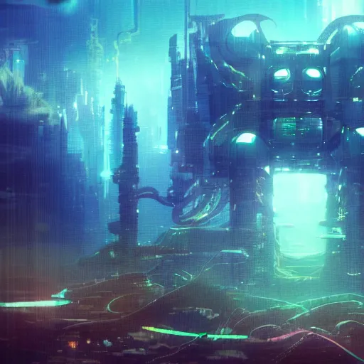 Image similar to an underwater city comprised of light built in the side of a giant robot trying to save the planet, set in the distant future, plants, light prisms, rainbow diffraction, steampunk, cyberpunk, warm lights, anime, vhs distortion