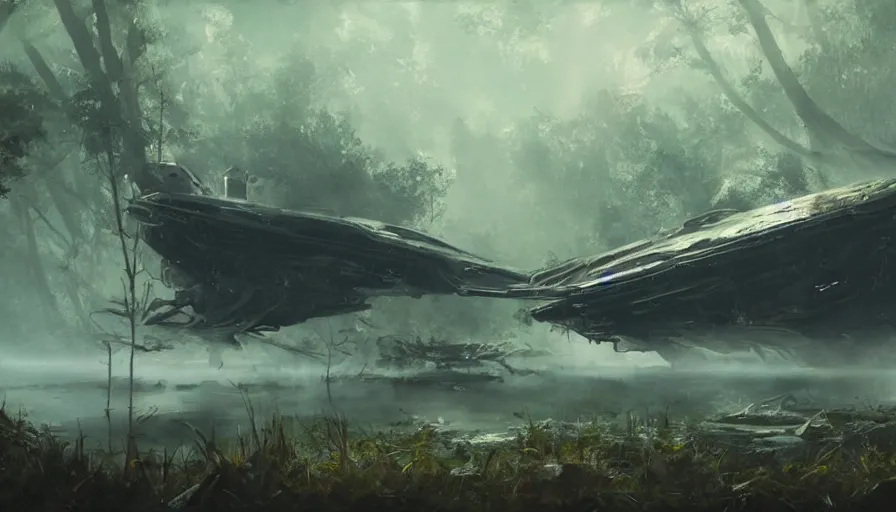 Prompt: a beautiful painting of a crashed alien space ship in a swamp, ray traced lighting by kalin popov and greg rutkowski