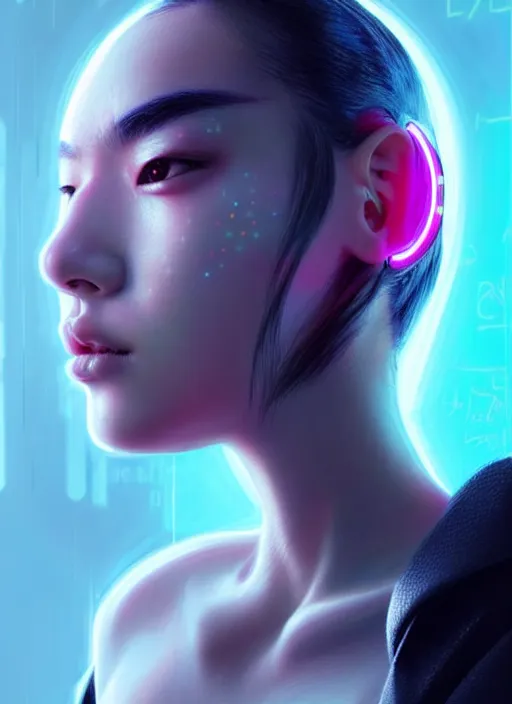 Image similar to photorealistic portrait of oriental female humanoid with freckle cheeks, cyber neon lightings, highly detailed, cyberpunk high fashion, elegant, crispy quality, trending in artstation, trending in pinterest, glamor pose, no signature, no watermark, cinematic, octane render, art by artgerm, art by greg rutkowski, art by pascal blanche