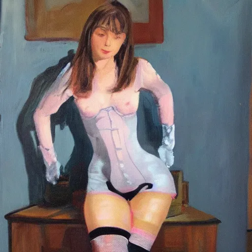 Image similar to old painting of a pretty woman in thigh high socks