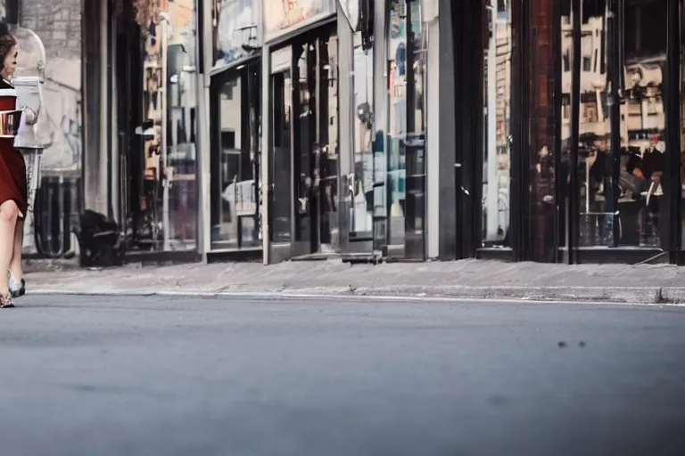 Image similar to Flim still of a woman drinking coffee, walking to work, long shot, wide shot, full shot