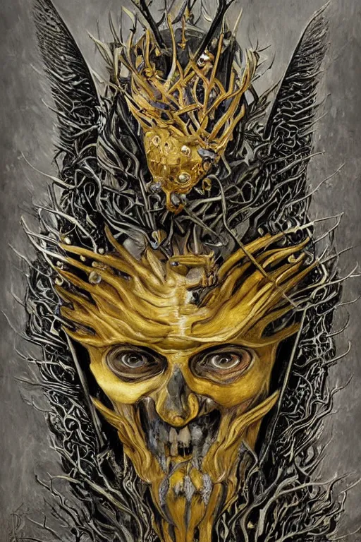 Prompt: The Knight of Bones by Karol Bak, Jean Deville, Gustav Klimt, and Vincent Van Gogh, portrait of a handsome vampire knight in armor, piercing grey eyes, ornate armor covered in thorns, bat wings, ornate dramatic bat wing helmet, mystic eye, otherworldly, skulls, fractal structures, arcane, inscribed runes, infernal relics, ornate gilded medieval icon, third eye, spirals