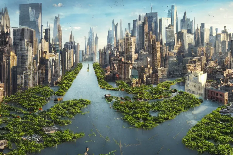 Prompt: an aerial view of a far-future flooded downtown Manhattan, with the buildings covered in moss and vines, and canal streets with gondolas and other boats, sparkling water, beautiful, dynamic lighting, atmospheric, highly detailed, cinematic establishing shot, digital art