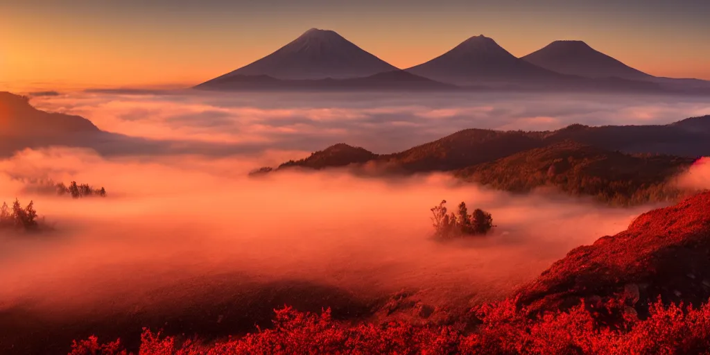 Prompt: landscape, mountains, low fog cover, volumetric lighting, sunrise, volcanoes, dawn, red tint