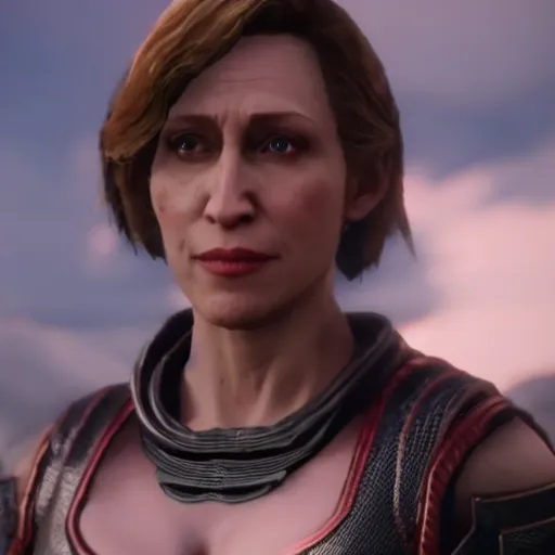 Prompt: Vera Farmiga in Mortal Kombat 11, ps5 cinematic screen capture, 4k